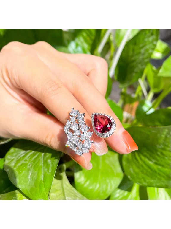 Creative Red CZ Big Stone Water Drop Open Ring Silver Plated Jewelry Accessories
