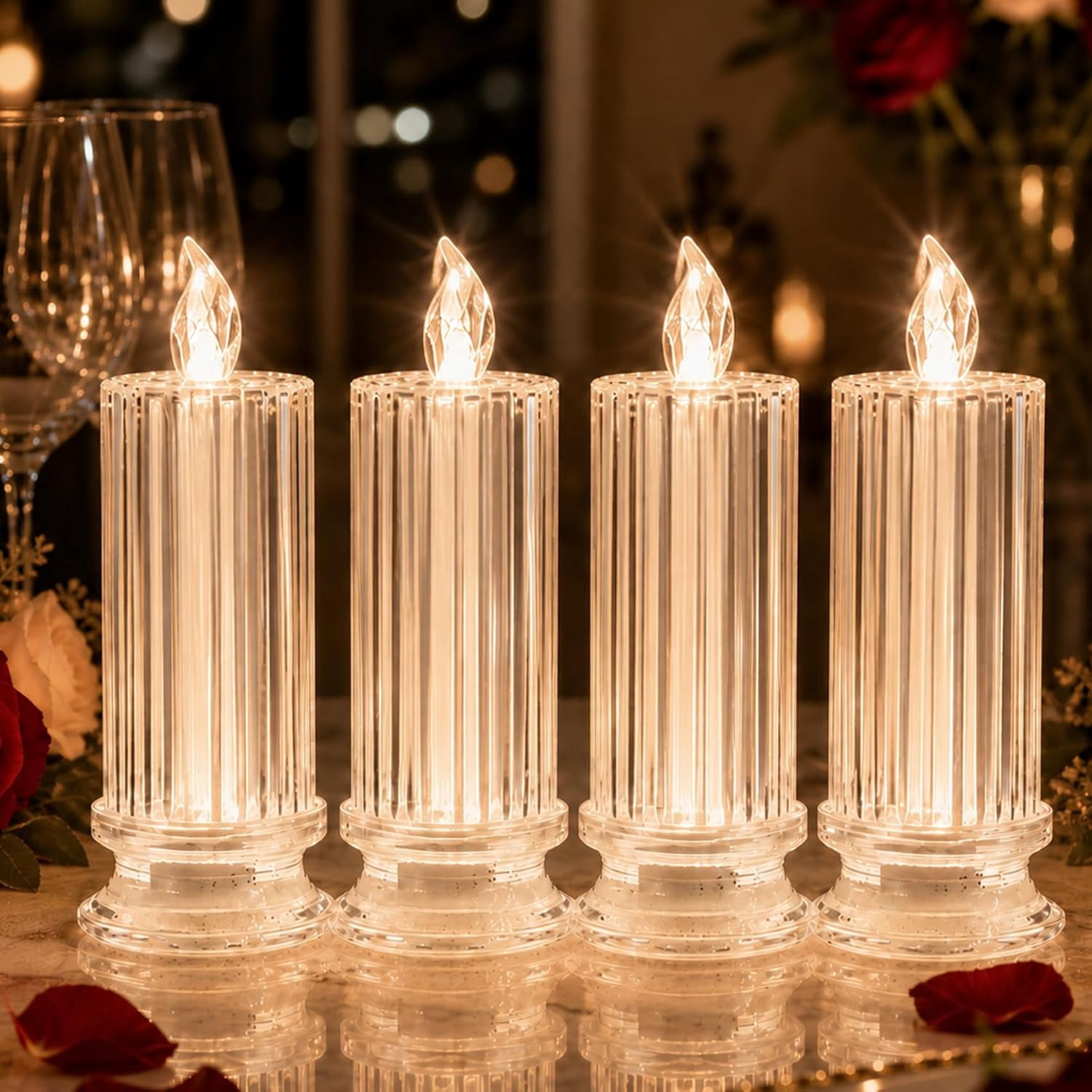 Creative Refractive Diamond Crystal LED Flameless Candles, Battery Operated Rose Shadow Electronic Candle Lights, Romantic Ambience Decor for Home Bedroom Wedding Party 4Pcs Set(k)