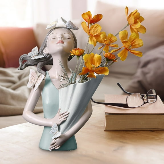 Creative Resin Butterfly Girl Vase Sculpture Home Decor Room Flowers Vase Gift Green