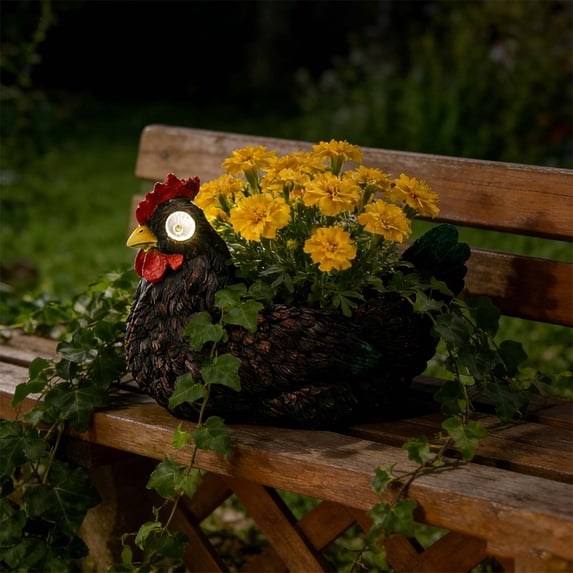 Creative Resin Chicken Flowerpot Decor, Solar Light Hen Garden Statue Bonsai Decor, Glowing Chicken Ornament, Outdoor Yard Landscapes Lawns Patio Decoration (Black)