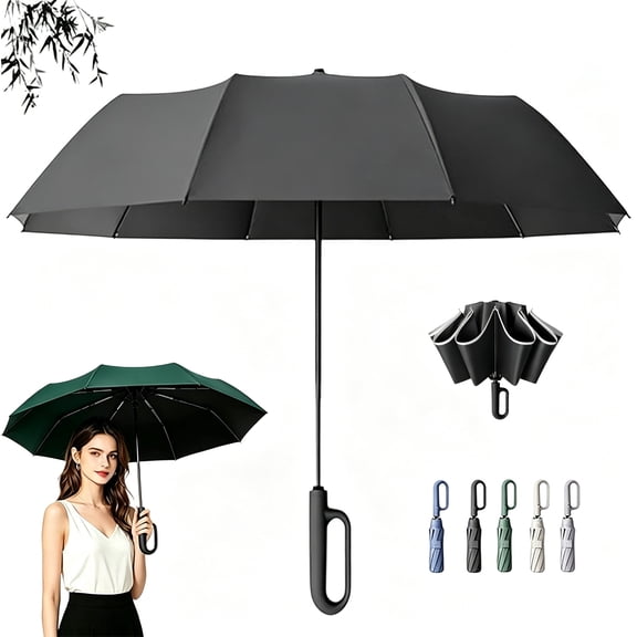 Creative Ring Buckle Windproof Reinforced Umbrella, 53/49 Inch Reverse Folding Umbrella with Auto-Clasp Strap,Reflective Trim for Night Safety, Auto-Close for Travel, Women, Men