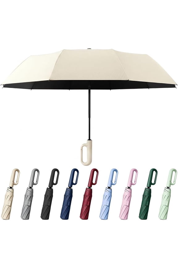 Creative Ring Buckle Windproof Reinforced Umbrella, Auto Open Close Automatic Folding Travel Umbrella for Sun and Rain 2 in 1, Double Layer UV Protection 10 Rib Pocket Storage