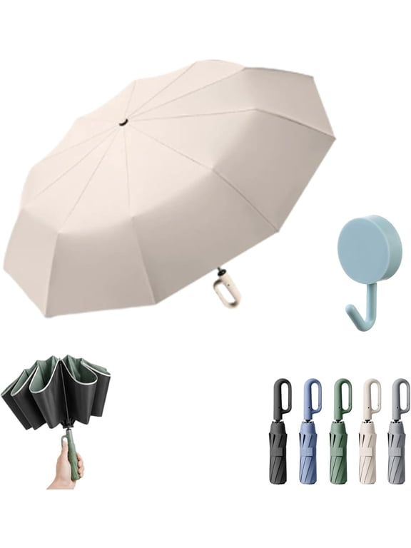 Creative Ring Buckle Windproof Reinforced Umbrella, Automatic Folding Umbrella with Hook, Portable Compact Rain and Sun Parasol, Fully Automatic Inverted Design