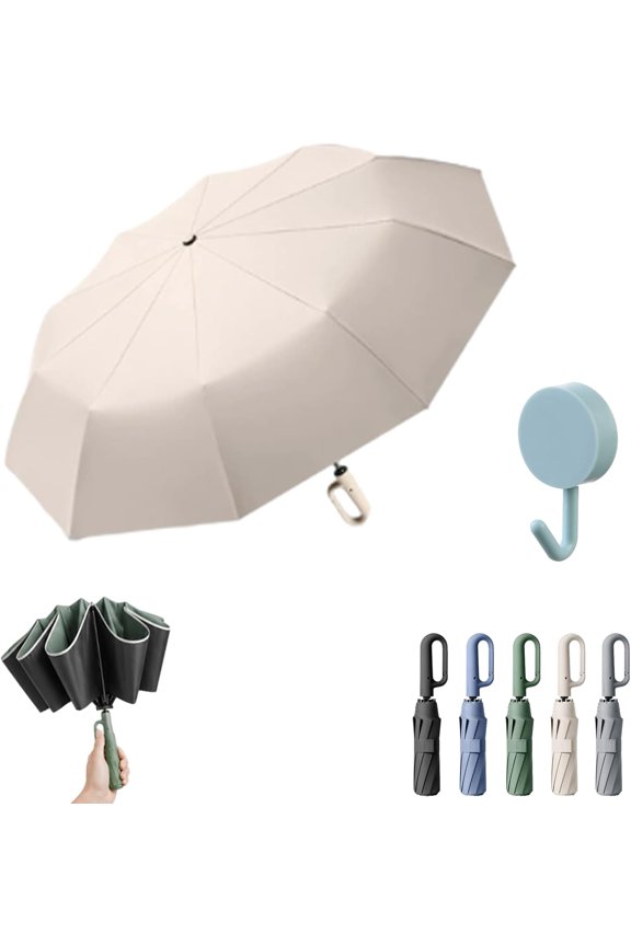 Creative Ring Buckle Windproof Reinforced Umbrella, Automatic Folding Umbrella with Hook, Portable Compact Rain and Sun Parasol, Fully Automatic Inverted Design