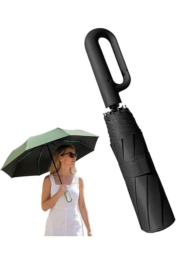 Creative Ring Buckle Windproof Reinforced Umbrella, Automatic Open Close Compact Folding Umbrella with Carabiner Handle, Reflective Trim, 10-Rib Reinforced Travel Umbrella