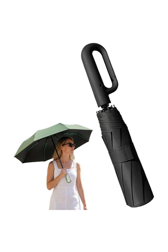 Creative Ring Buckle Windproof Reinforced Umbrella, Automatic Open Close Compact Folding Umbrella with Carabiner Handle, Reflective Trim