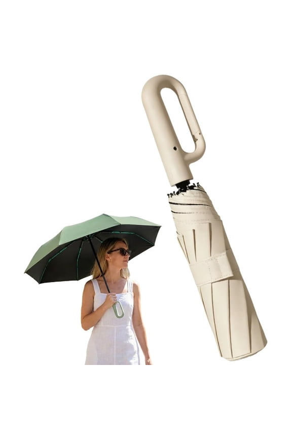 Creative Ring Buckle Windproof Reinforced Umbrella, Automatic Open Close Compact Folding Umbrella with Carabiner Handle, Reflective Trim