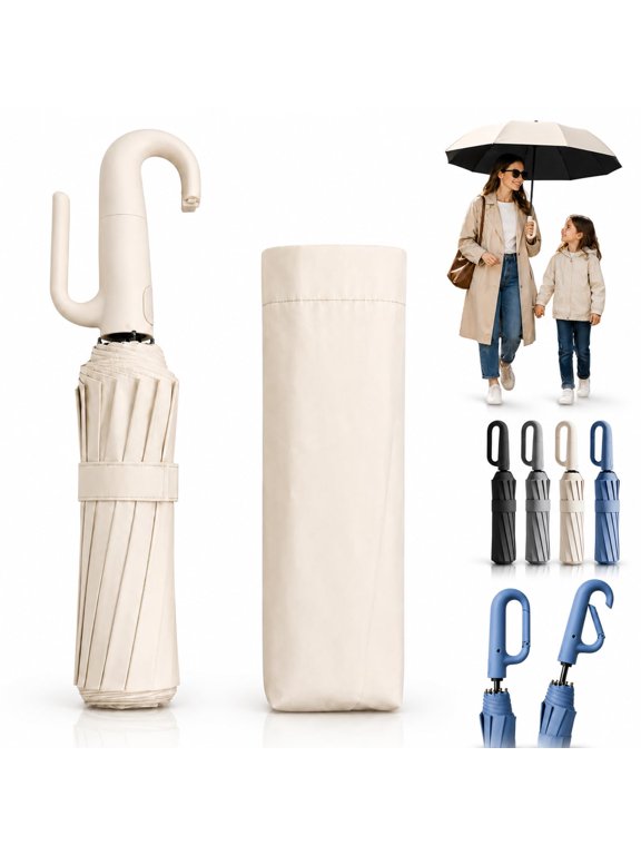 Creative Ring Buckle Windproof Reinforced Umbrella, Automatic Open Close Umbrella One Button with Carabiner Handle, 10-Rib Reinforced Travel Umbrellas for Sun and Rain