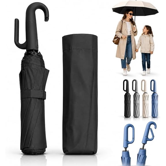 Creative Ring Buckle Windproof Reinforced Umbrella, Automatic Open Close Umbrella One Button with Carabiner Handle, 10-Rib Reinforced Travel Umbrellas for Sun and Rain(A)
