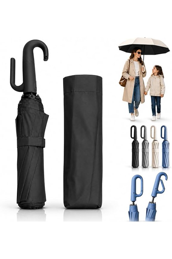 Creative Ring Buckle Windproof Reinforced Umbrella, Automatic Open Close Umbrella One Button with Carabiner Handle, 10-Rib Reinforced Travel Umbrellas for Sun and Rain(A)
