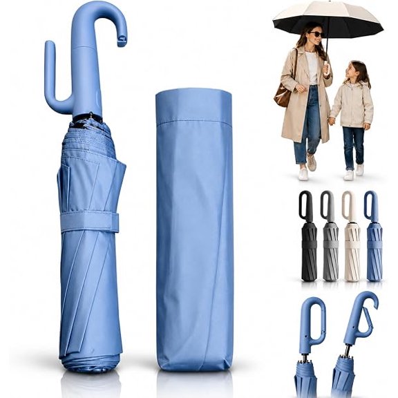 Creative Ring Buckle Windproof Reinforced Umbrella, Automatic Open Close Umbrella One Button with Carabiner Handle, 10-Rib Reinforced Travel Umbrellas for Sun and Rain(C)