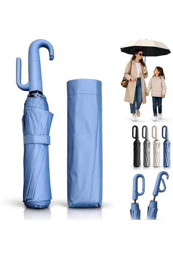 Creative Ring Buckle Windproof Reinforced Umbrella, Automatic Open Close Umbrella One Button with Carabiner Handle, 10-Rib Reinforced Travel Umbrellas for Sun and Rain(C)