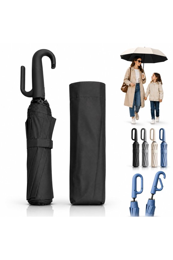 Creative Ring Buckle Windproof Reinforced Umbrella, Automatic Open Close Umbrella One Button with Carabiner Handle, 10-Rib Reinforced Travel Umbrellas for Sun and Rain