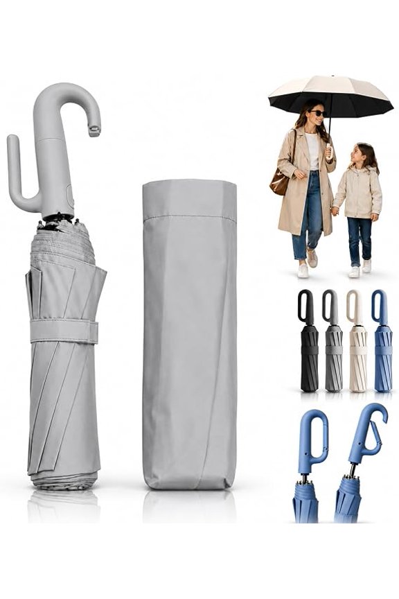 Creative Ring Buckle Windproof Reinforced Umbrella, Automatic Open Close Umbrella One Button with Carabiner Handle, 10-Rib Reinforced Travel Umbrellas for Sun and Rain(D)