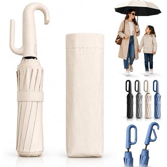 Creative Ring Buckle Windproof Reinforced Umbrella, Automatic Open Close Umbrella One Button with Carabiner Handle, 10-Rib Reinforced Travel Umbrellas for Sun and Rain(B)