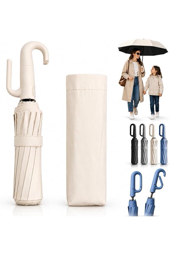 Creative Ring Buckle Windproof Reinforced Umbrella, Automatic Open Close Umbrella One Button with Carabiner Handle, 10-Rib Reinforced Travel Umbrellas for Sun and Rain(B)
