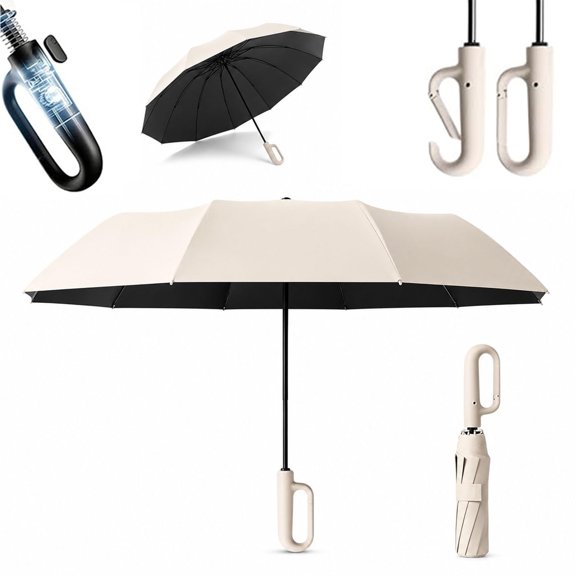 Creative Ring Buckle Windproof Reinforced Umbrella, Portable Automatic Folding Umbrella with Dual-Rib Structure, Reflective Strip, UPF 50+ Fold