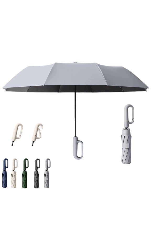 Creative Ring Buckle Windproof Reinforced Umbrella, Travel Umbrella with Carabiner Handle, With Dual-Rib Structure, Portable Compact, Reflective Strip, Upf 50+ Fold, Windproof