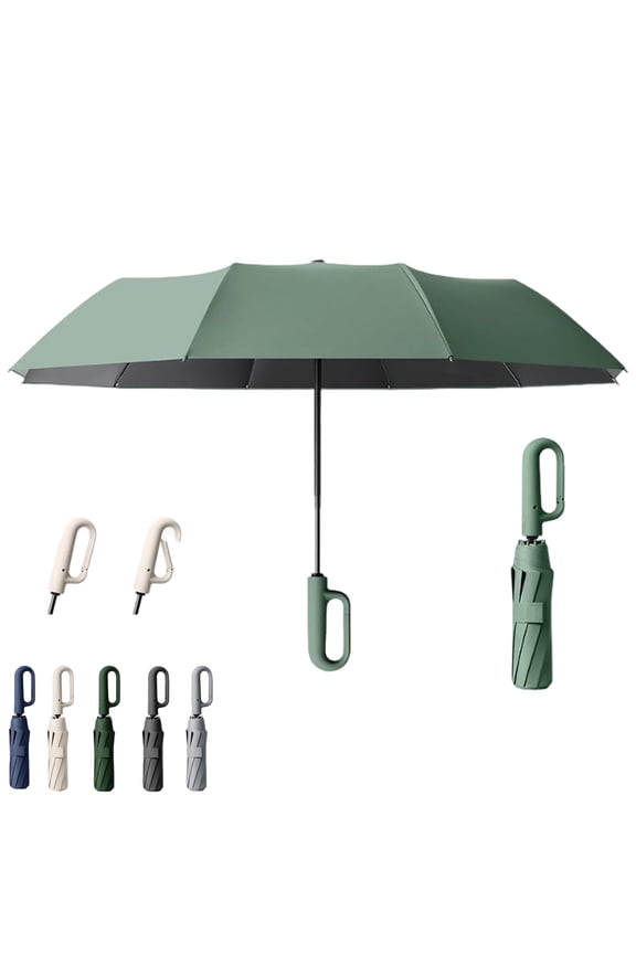 Creative Ring Buckle Windproof Reinforced Umbrella, Travel Umbrella with Carabiner Handle, With Dual-Rib Structure, Portable Compact, Reflective Strip, Upf 50+ Fold, Windproof