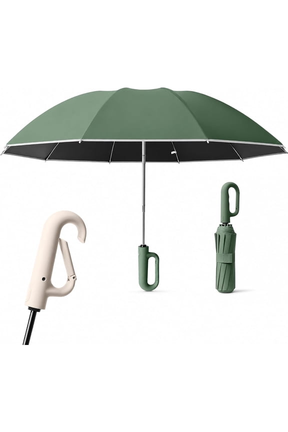 Creative Ring Buckle Windproof Reinforced Umbrella, UPF 50+ Sun Blocking Automatic Folding Umbrella with Carabiner Handle, 10-Rib Frame, Compact Travel Shade, Clip-On for Bags or Luggage