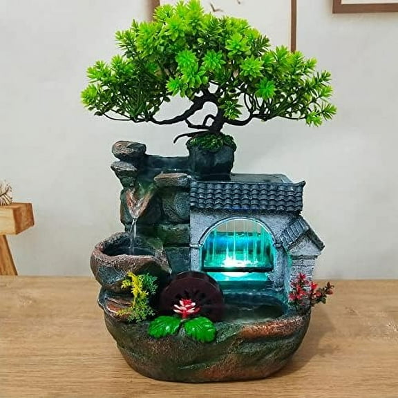 Creative Rockery Water Fountain Desktop, Indoor Imitation Roof Texture Windmills Waterfall with LED Light Water Pump for Home Office Bedroom Desk Decoration$$Home Decor, Kitchen, & Other