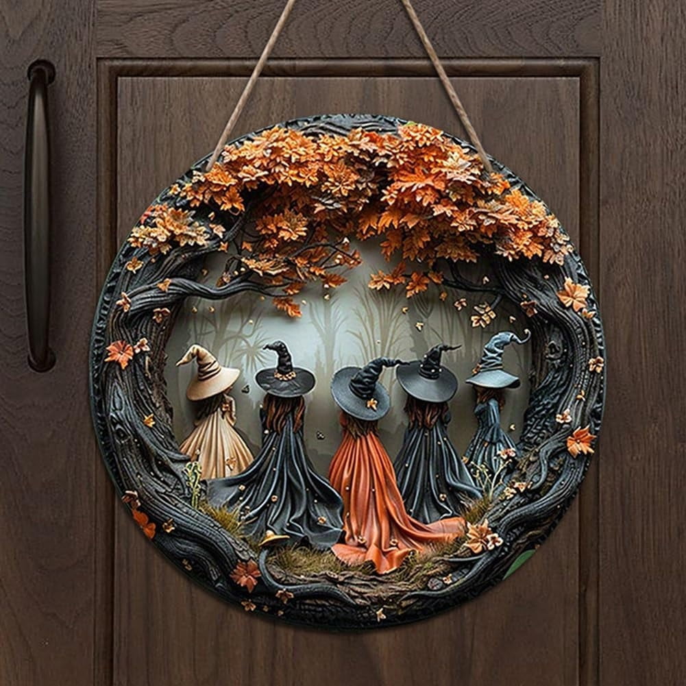 Creative, Round Halloween Door Sign Made of Wood, 2d Witch Pattern ...