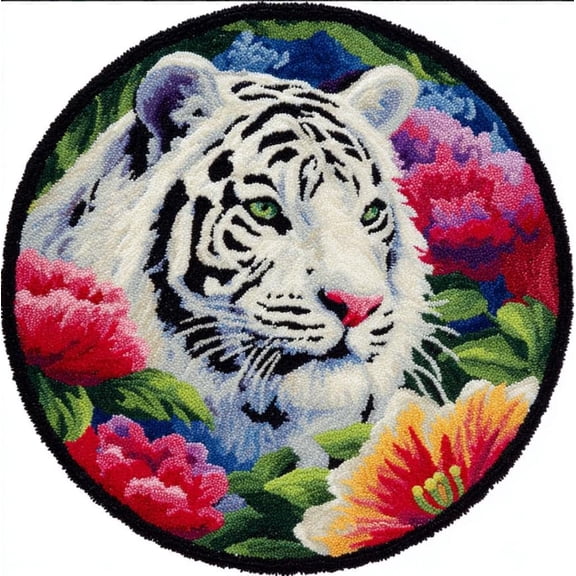 Creative Round Latch Hook Rug Kit White Tiger 50 X 50Cm Handmade Latch Hook Kits For Adults For Christmas Carpet Beginners Adults