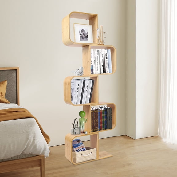 Creative S-Shaped Bookshelf, 5 Tier Modern Bookcase Floor Standing Display Organizer for Living Room Study Office