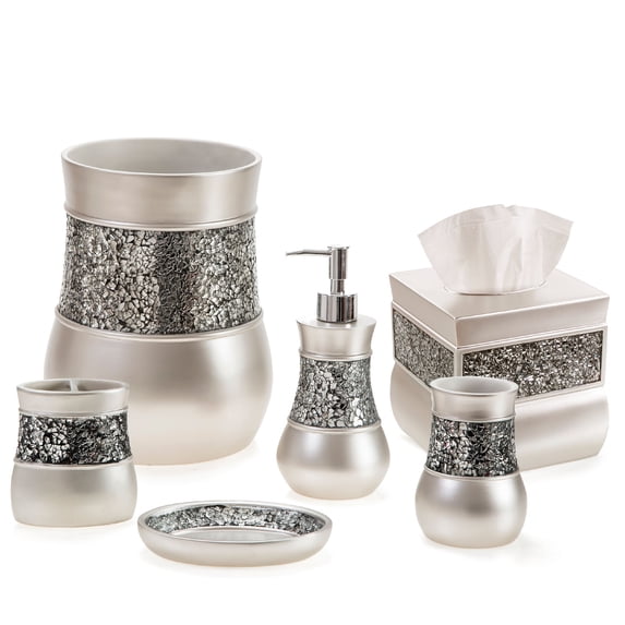 Creative Scents Bathroom Accessory Set - Decorative 6 Piece Bathroom Set - Features Soap Dispenser, Toothbrush Holder, Tumbler, Soap Dish, Tissue Box Cover & Trash Can (Silver Colored)