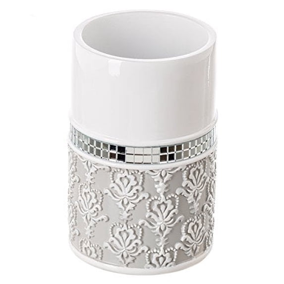 Creative Scents Mirror Damask Bathroom Tumbler Cup, Decorative Rinse Cup for Water, Best Tumblers for Mouthwash/Rinsing (Gray & White)