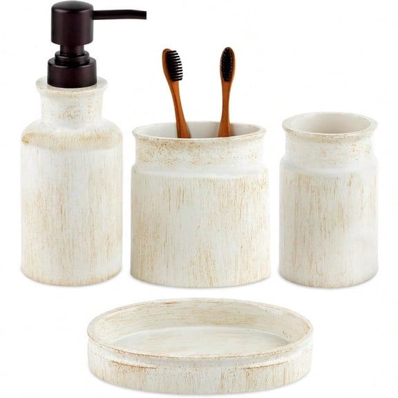 Creative Scents Rustic Luxe Bathroom Accory Set Complete - 4 Piece Beige Bathroom Soap Dispenser Set has: Lotion Dispenser Toothbrush Holder Tumbler Soap Dish; Modern Farmhouse Bathroom Decor