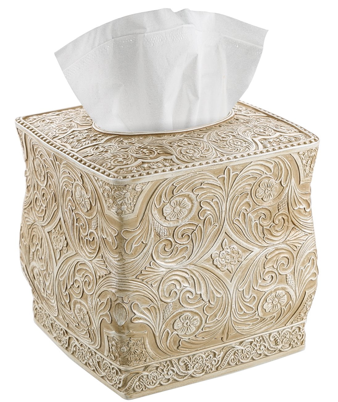 Beige Ornate Floral Square Tissue Box Cover