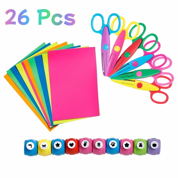 Creative Scrapbook Supplies, 26 Pcs with Decorative Edge Scissors, Shape Punches, Colorful Paper