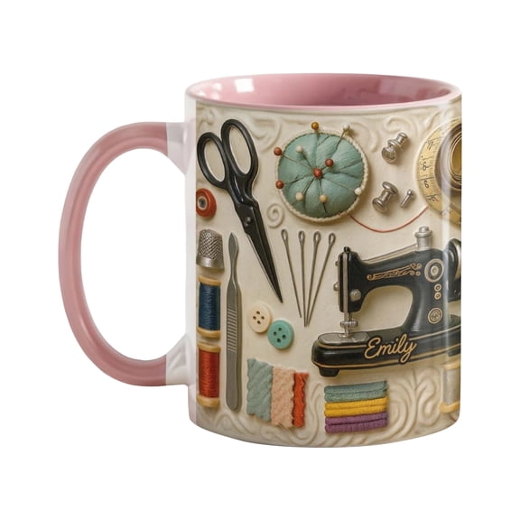 Creative Sewing Theme Ceramic Mug, Love Sewing Coffee Cup for Crafter Women, 2D Flat Crochet Lovers Mug, Valentine’s Birthday Gift for Mom Wife Grandma