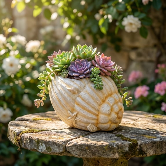 Creative Shell Shape Resin Flower Pot Planter for Home, Coastal Style Pot Container for Succulent Plants, Indoor Outdoor Decorative Garden Holder for Beach Theme Home Decoration 11.5*10.5*7*11.5cm