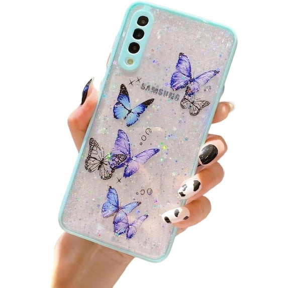 Creative Shiny Butterfly Phone Case for Samsung Galaxy S22 Ultra S21 Plus S20 FE A22 A13 A42 A53 5G, Clear Precision Hole Back Cover(Green,S21 Ultra)