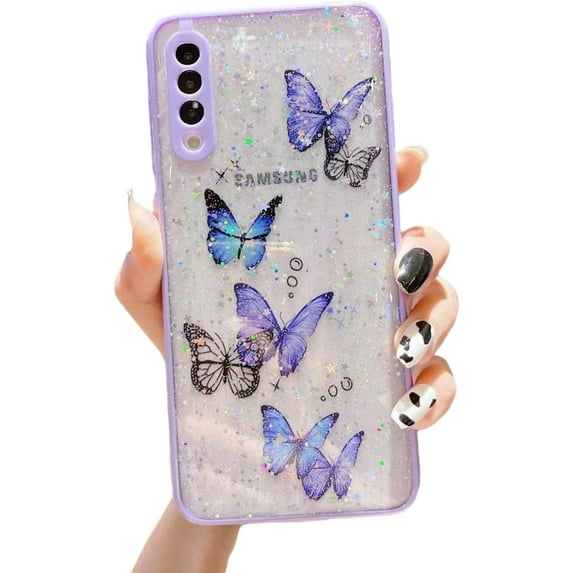 Creative Shiny Butterfly Phone Case for Samsung Galaxy S22 Ultra S21 Plus S20 FE A22 A13 A42 A53 5G, Clear Precision Hole Back Cover(Purple,A42 5G)