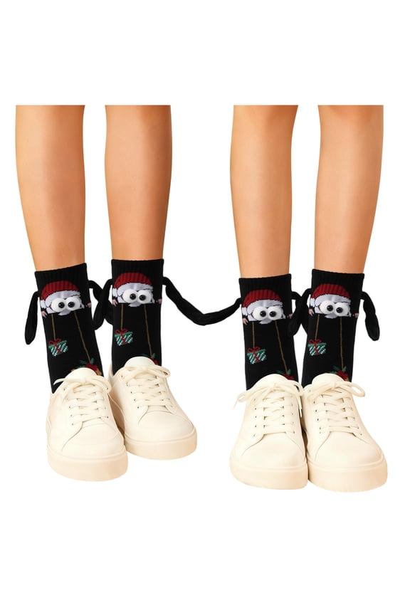 Creative Socks Holding Hands Socks Santa Print Socks Hand In Hand Magnetic Christmas Socks Long Socks