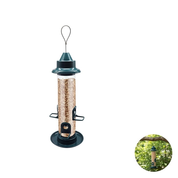 Creative Squirrel-Proof Automatic Hanging Bird Feeder, 12.9 x 5.1 in / 33 x 13 cm, Dark Green Cylinder Outdoor Wild Birdfeeder, Easy Refilling & Multiple Feeding Ports, Long-Lasting Plastic Material