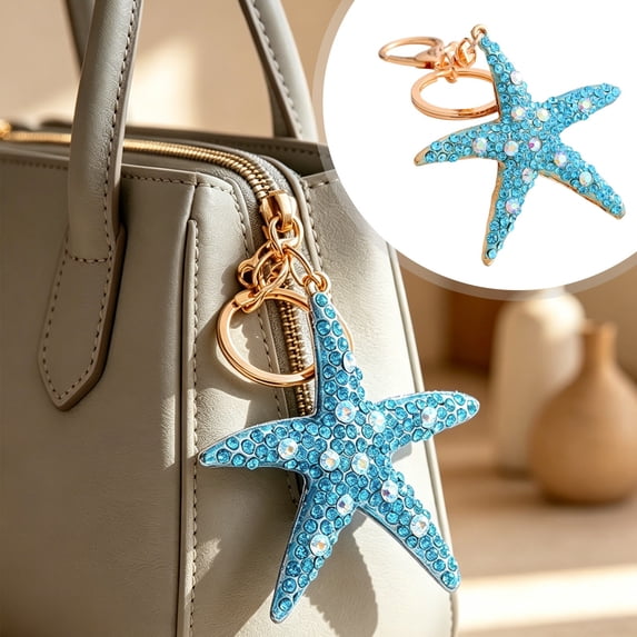 Creative Starfish Keychain Charm, Colorful Bag Pendant Accessory, Blue Finish Cute Key Ring, Purse Decor Accent Piece, Beach Style Home Ornament