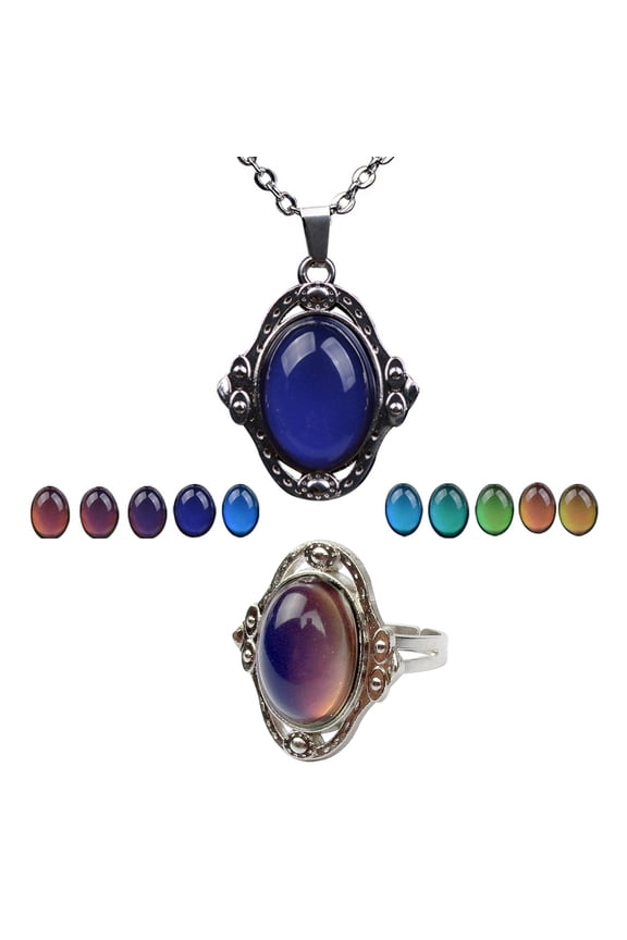 Creative Stone Temperature Sensing Mood Emotion Color Changing Open Ring + Necklace Set Christmas Gift for Unisex