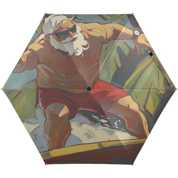 Creative Surfing Santa Claus Umbrellas for Sun Auto Open Close UV50+ Waterproof 5-Fold Compact Fiberglass Frame