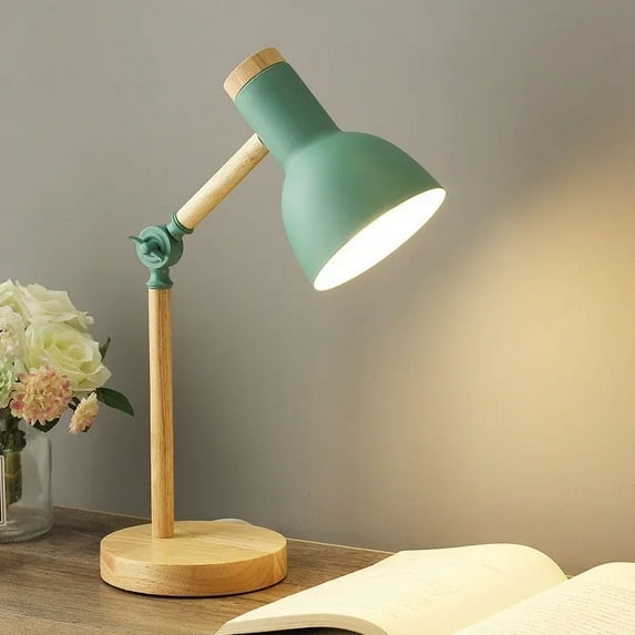 Creative Table Nordic Lamp Wooden Art LED Turn Head Simple Desk Lights/ Eye Protection Reading&Living Room Bedroom Home Decor (GREEN,No Blub,UK plug)