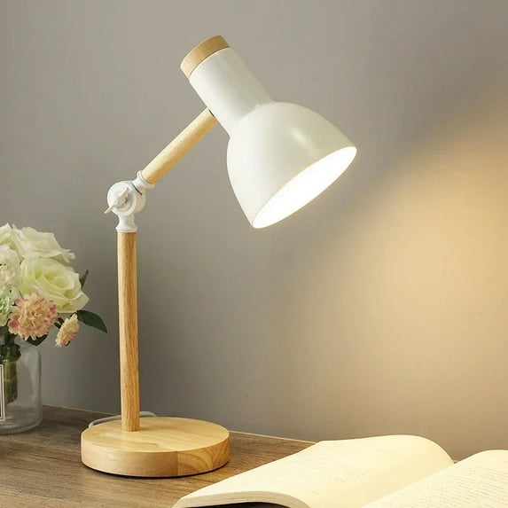 Creative Table Nordic Lamp Wooden Art LED Turn Head Simple Desk Lights/ Eye Protection Reading&Living Room Bedroom Home Decor (White,No Blub,EU Plug)