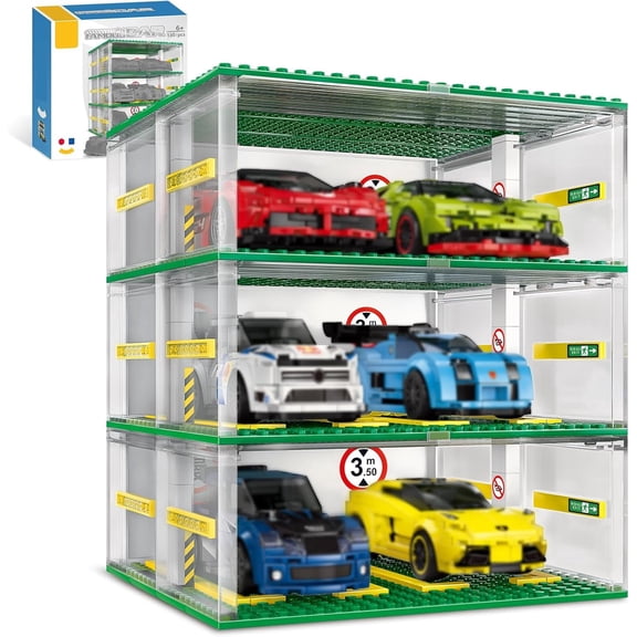 Creative Three-Story Building Block Garage with Display Features, Compatible with Lego , Ideal for 8-Studs Wide Building Blocks Cars (Cars Not Included)