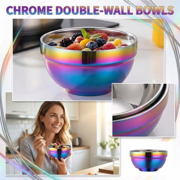 Creative Titanium Plated Double Layer Stainless Steel Bowl for Home Kitchen Decor, Modern Serving Dish for Gifts Party Centerpiece, A