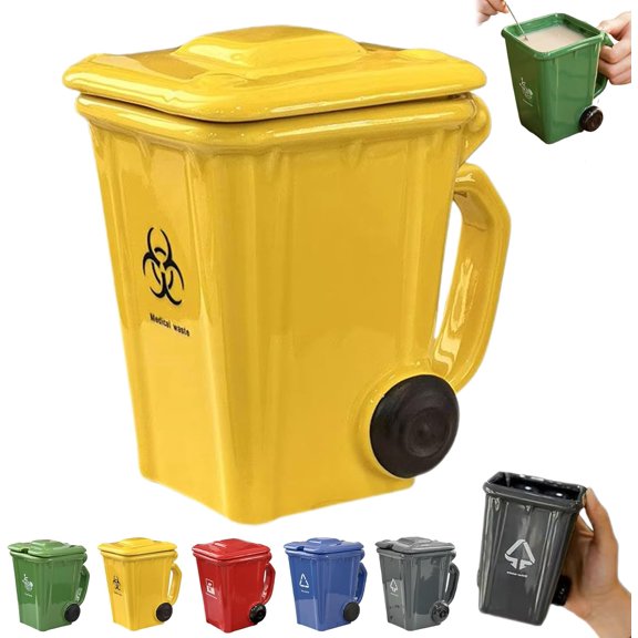 Creative Trash Bin Ceramic Mug with Lid, Funny Recycling Bin Coffee Mug, Novelty Trash Can Mug Tea Cup, Unique Gag Gift for Friends, Colleagues, Birthdays, Office Home Use (Yellow)