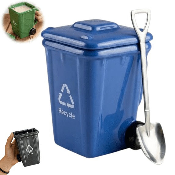 Creative Trash Bin Ceramic Mug with Lid and Spoon, Funny Recycling Bin Coffee Mug, Novelty Trash Can Shaped MugDrinking Tea Cup, Unique Gift for for Office, Coworkers, Home Desk, Daily Use
