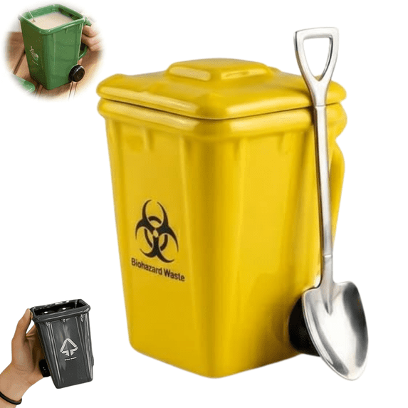 Creative Trash Bin Ceramic Mug with Lid and Spoon, Funny Recycling Bin Coffee Mug, Novelty Trash Can Shaped MugDrinking Tea Cup, Unique Gift for for Office, Coworkers, Home Desk, Daily Use