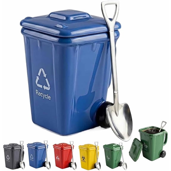 Creative Trash Can Ceramic Mug with Lid & Shovel Spoon Prank Cup for Office Home (Blue)